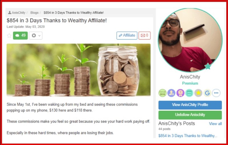 Wealthy Affiliate Review - Testimonial By Annis Chity, A Semi-Professional Footballer From Italy, Tells How He Earned $854 In 3 Days With Wealthy Affiliate