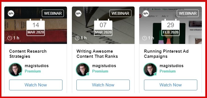 Wealthy Affiliate Review - Recent Live Trainings 1. Content Research Strategies, 2. Writing Awesome Content That Ranks, 3. Running Pinterest Ad Campaigns