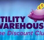 Pink Piggy Bank on blue background with golden coloured coins with the £ logo being put inside. Caption says Utility Warehouse The Discount Club
